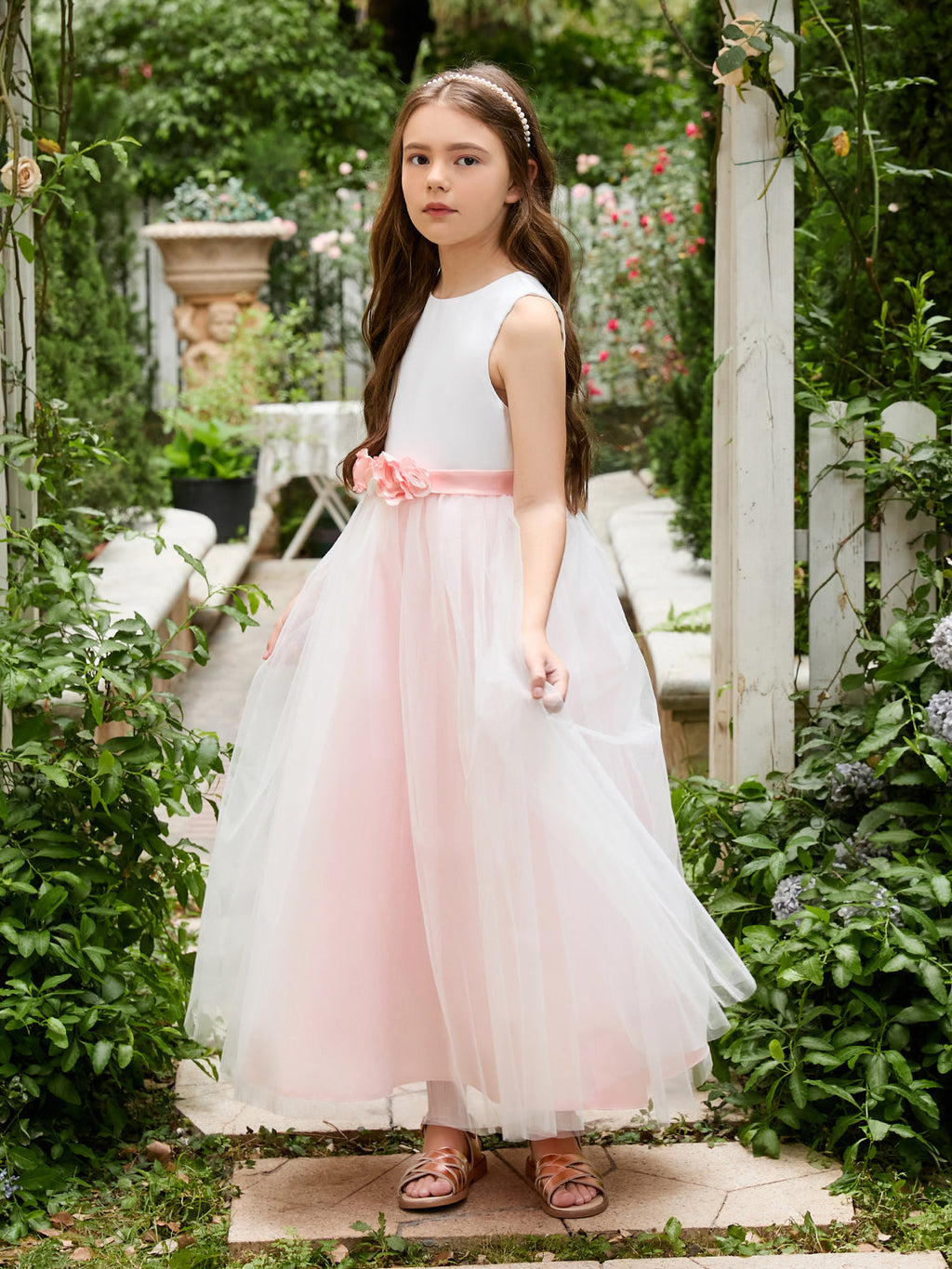 Vestido de niña de las flores de tul satinado con flores 3D hasta los tobillos