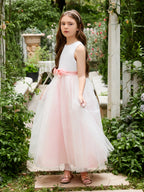 Vestido de niña de las flores de tul satinado con flores 3D hasta los tobillos