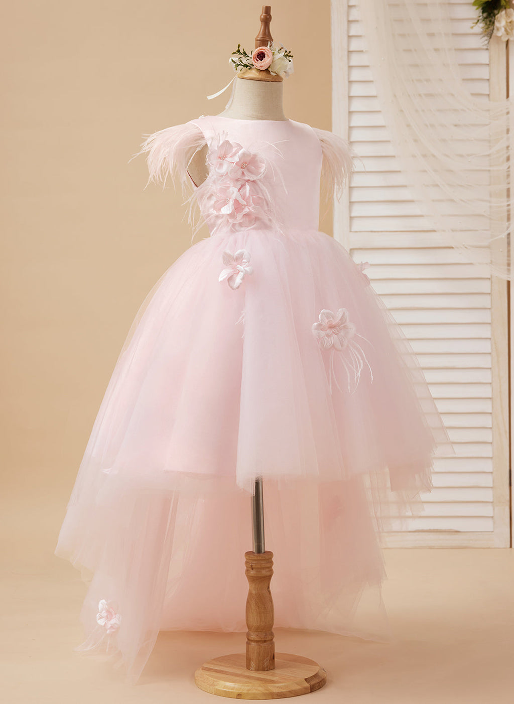Prinzessin Ärmelloses Tüll Blumenmädchenkleid mit Perlen und Federschleife (010224704) 