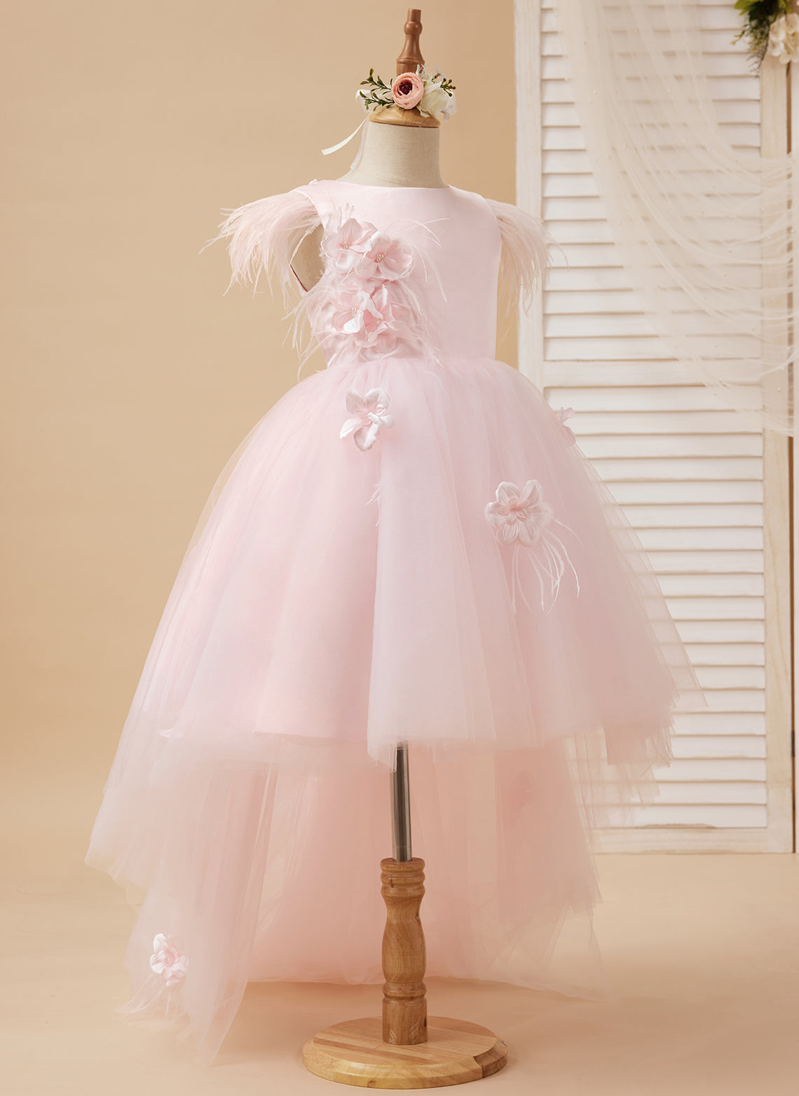 Prinzessin Ärmelloses Tüll Blumenmädchenkleid mit Perlen und Federschleife (010224704) 