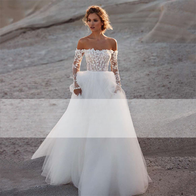 Elegant A-Line Wedding Dress 2023 Women Lace Open Back Strapless Long Detachable Sleeve Bridal Gown Sweep Train Vestido De Noiva-payinti