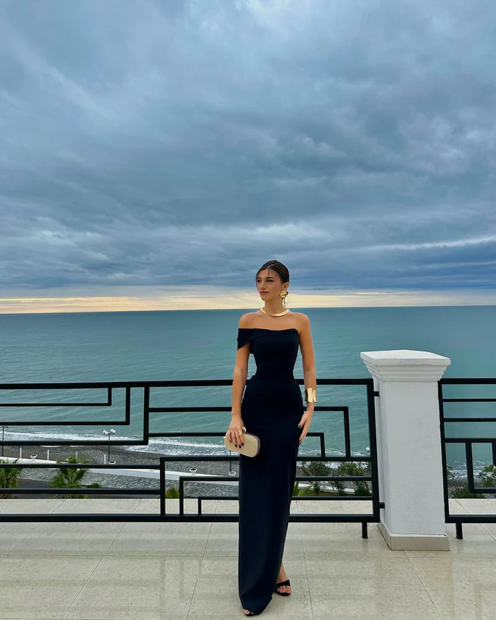 Schwarzes One-Shoulder-Lang-Etuikleid-Abendkleid ohne Träger Party Ballkleid Y7559