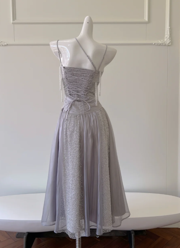 Vestido de fiesta elegante de tul morado con lentejuelas y borlas, corte en A, Y8586
