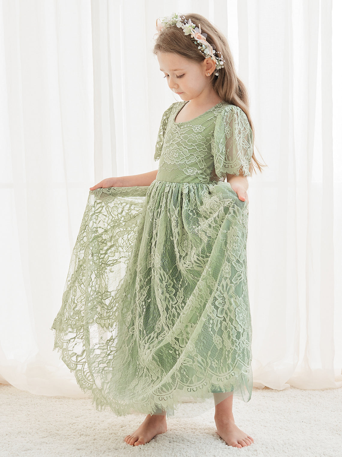A-line Lace Ankle-length Ivory Boho Flower Girl Dress