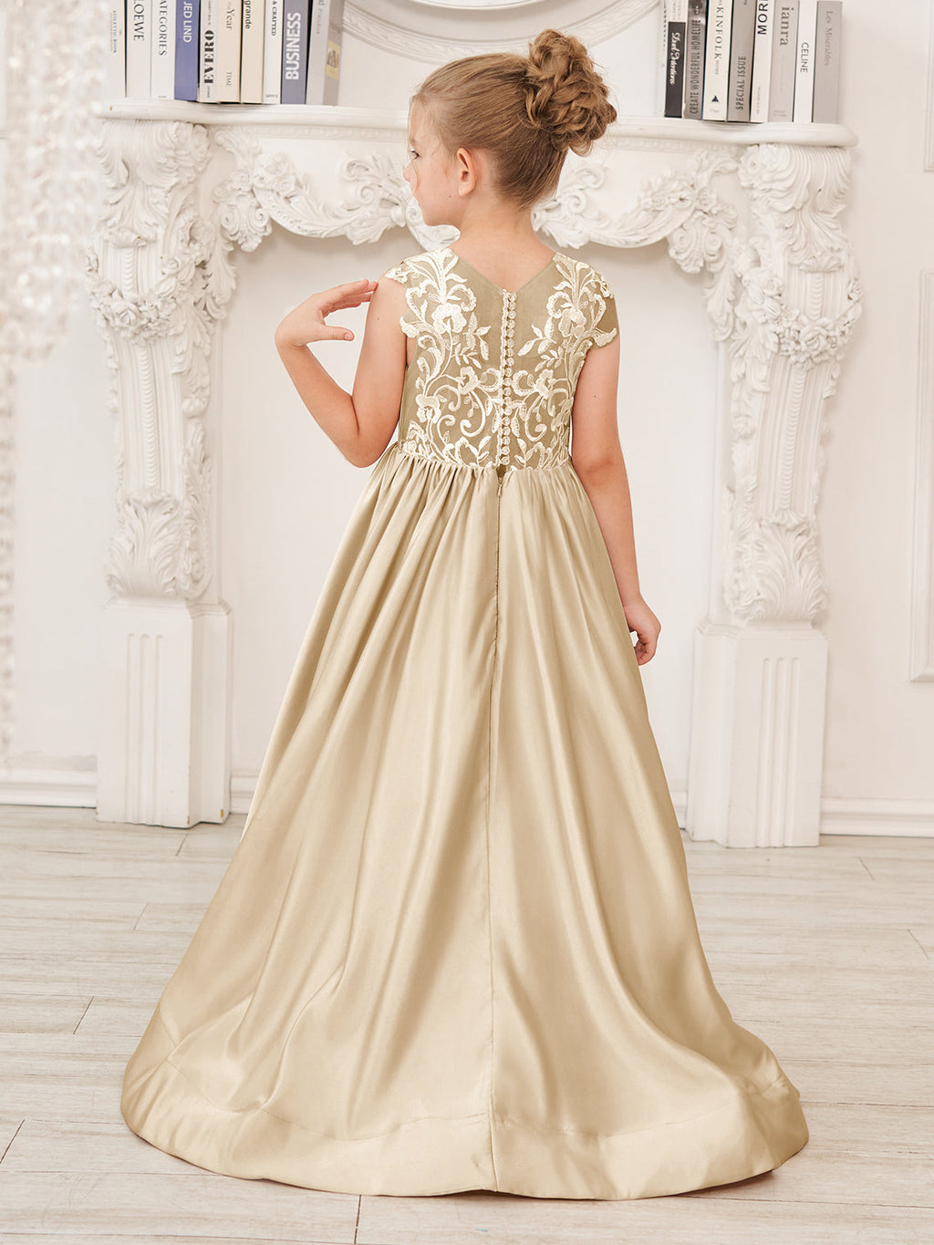 A-Linie Spitze Satin Bodenlang Blumenmädchenkleid 