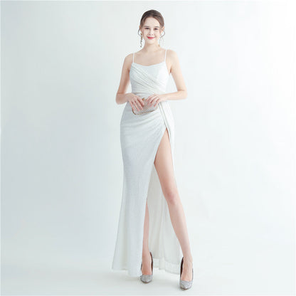 High Density Sequin Pleated Side Slit Sling Long Evening Dress