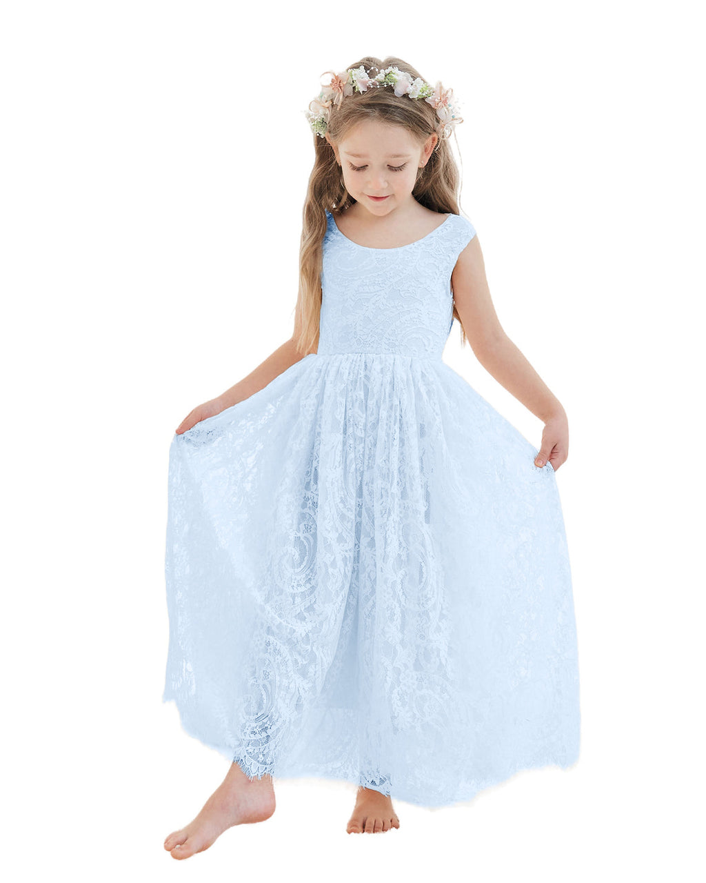 A-Linien-Spitze Knöchellanges Elfenbein Boho Blumenmädchenkleid 