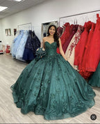 Vestido romántico verde oscuro con escote corazón para adulto, con apliques de encaje, bustier, vestido de baile con escote corazón Y289