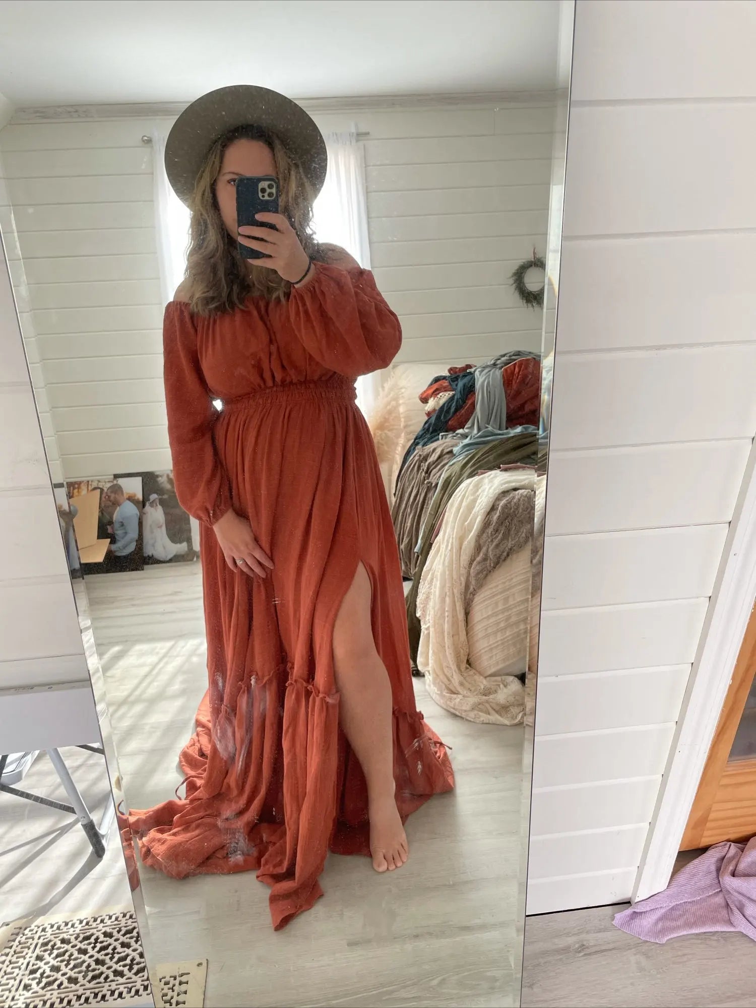 Vestido de maternidad de algodón con hombros descubiertos, mangas largas y cuello redondo para sesión de fotos, baby shower, para embarazadas, Sunnderly 2025 
