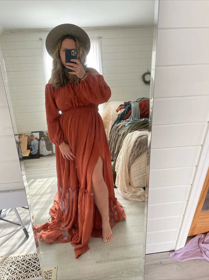 Off Shoulder Full Sleeves Round Neck Cotton Maternity Dresses for Photo Shoot Baby Shower Dress for Pregnant Woman Sunnderly 2025