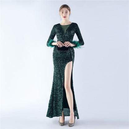 Handmade Sequin Craft Order Ostrich Feather Long Sleeve Evening Dress