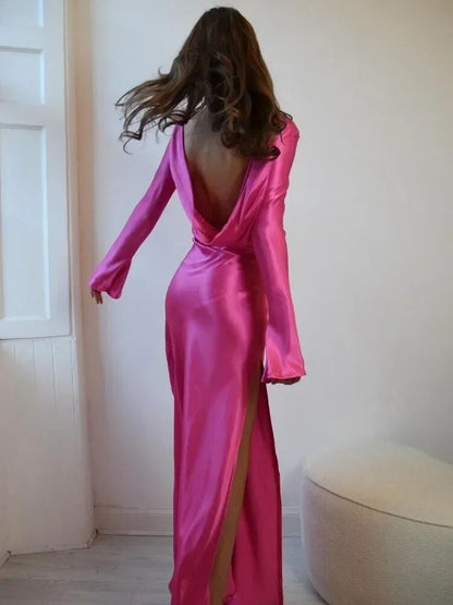 TARUXY Satin Side Slit Dress Women Elegant Party Loose Backless Long Dresses For Lady Club Solid Temperament Evening Dress Femme