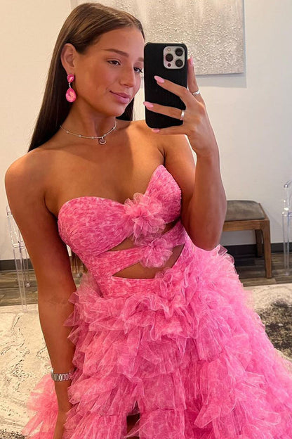 Reyna | Vestido de fiesta de tul estampado en capas rosa con escote corazón y corte en forma de corazón