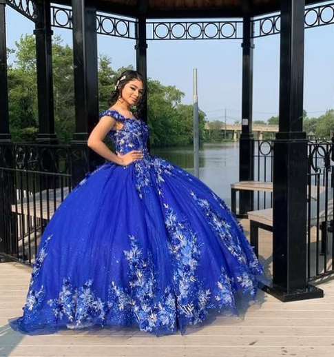 Vestido de quinceañera azul rey con flores 3D y escote corazón para fiesta de graduación de 15 y 16 años Y2821