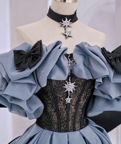 Schulterfreies langes Ballkleid aus Satinspitze, blaues Abendkleid Y2619