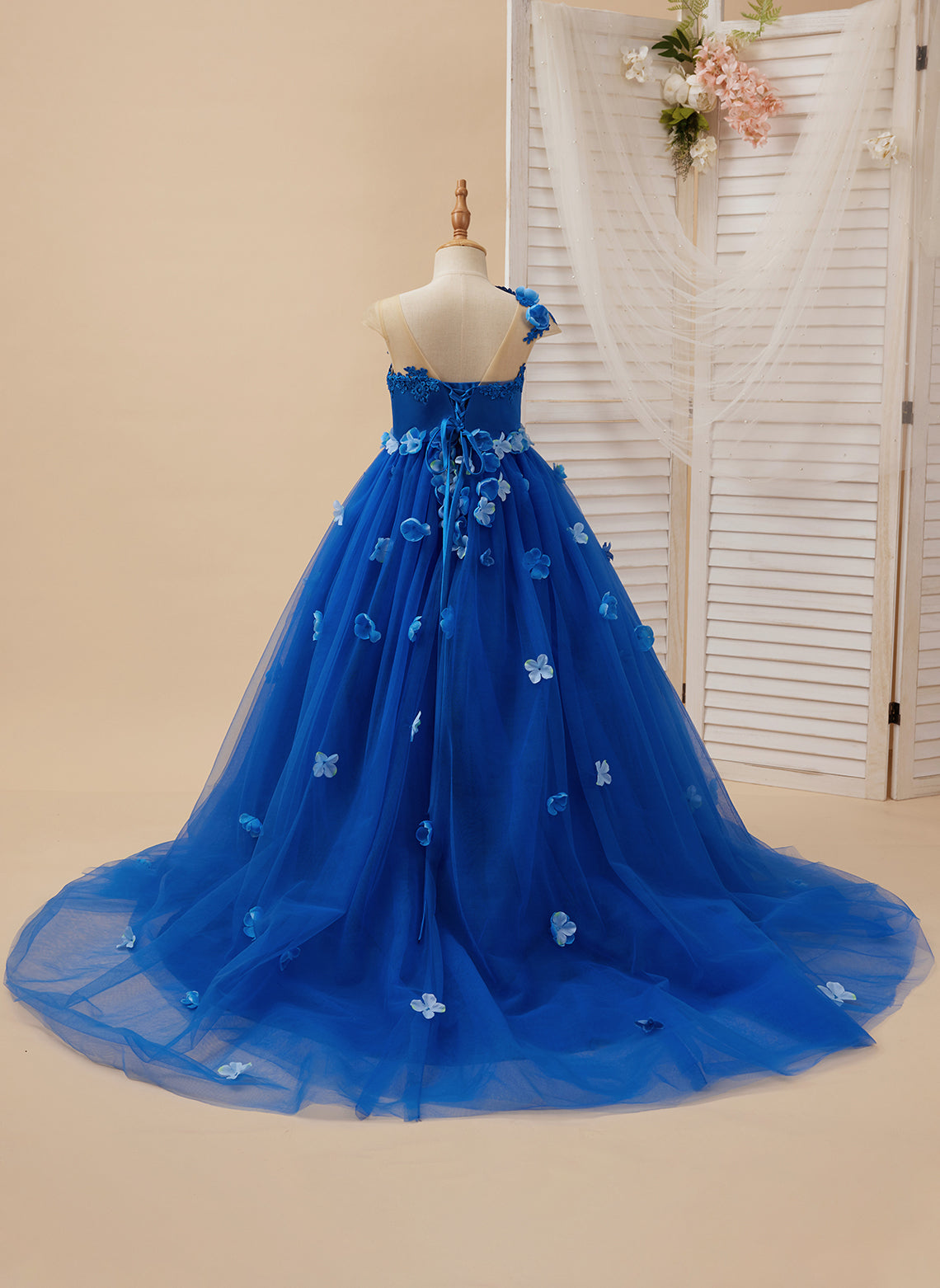 Prinzessin Ballkleid Blumenmädchenkleid mit Applikationen und Schleife Königsblau 