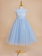 Ball-Gown/Princess Satin Tulle Tea-length Blue Dress (2003225970)