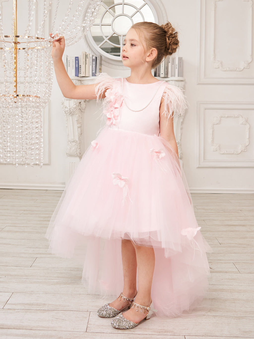 Prinzessin Ärmelloses Tüll Blumenmädchenkleid mit Perlen und Federschleife (010224704) 