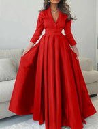 Elegantes formelles Abendkleid mit langen Ärmeln und V-Ausschnitt und Falten