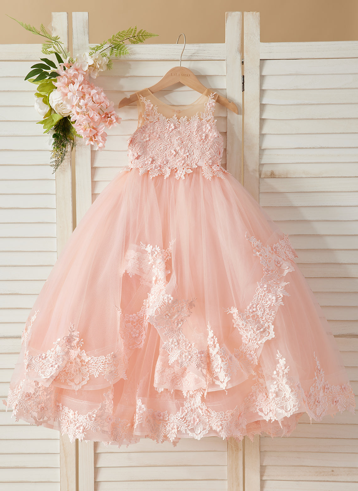 Ärmelloses Prinzessinnen-Tüllkleid mit Spitzenapplikationen und Schleppe für Mädchen
