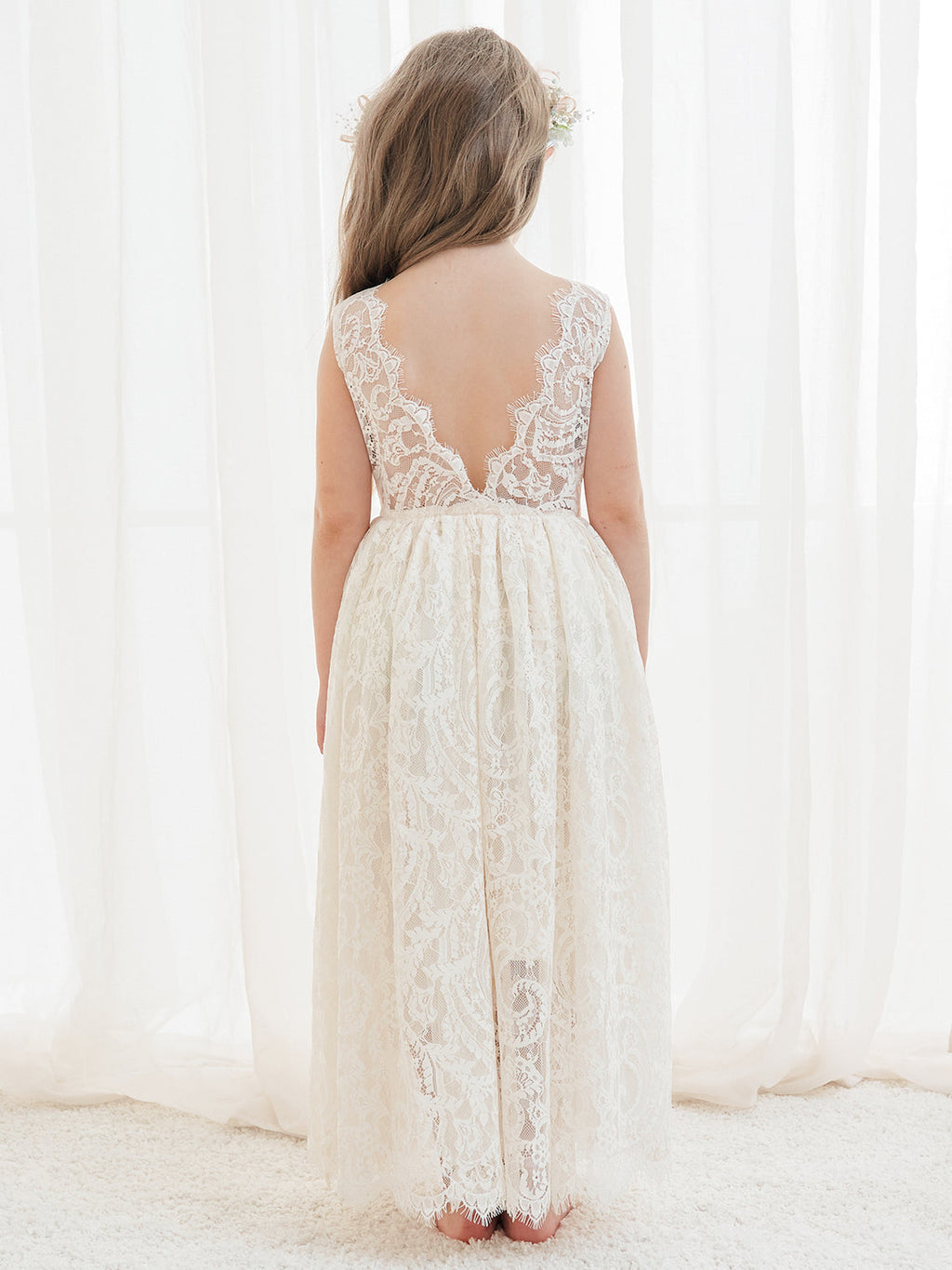 A-Linien-Spitze Knöchellanges Elfenbein Boho Blumenmädchenkleid 
