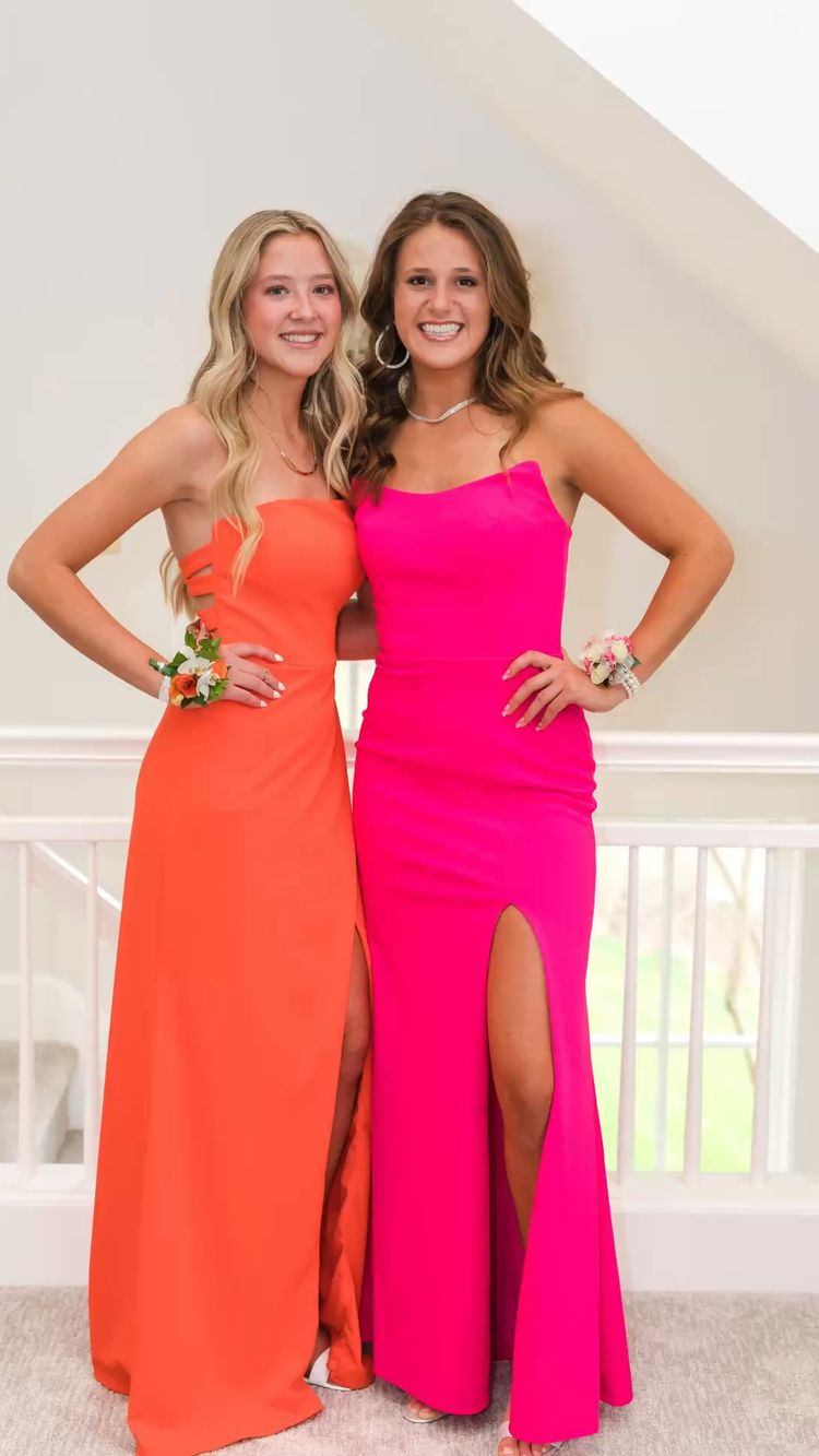 Elegante vestido de fiesta largo naranja con abertura, vestido de noche rosa intenso Y2020