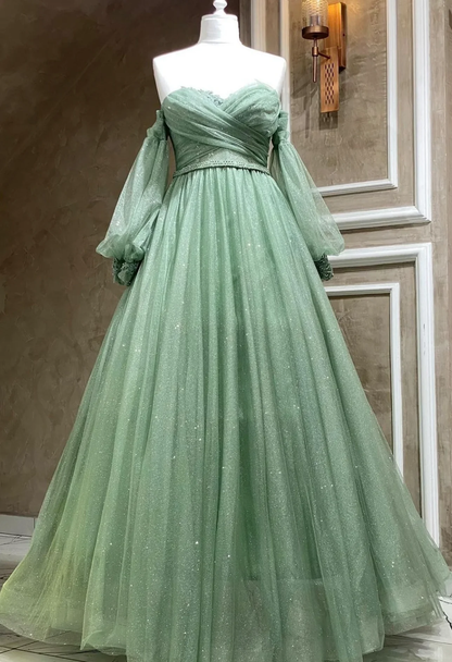 Vestido de noche largo verde esmeralda con mangas abullonadas y tul verde brillante Y7981
