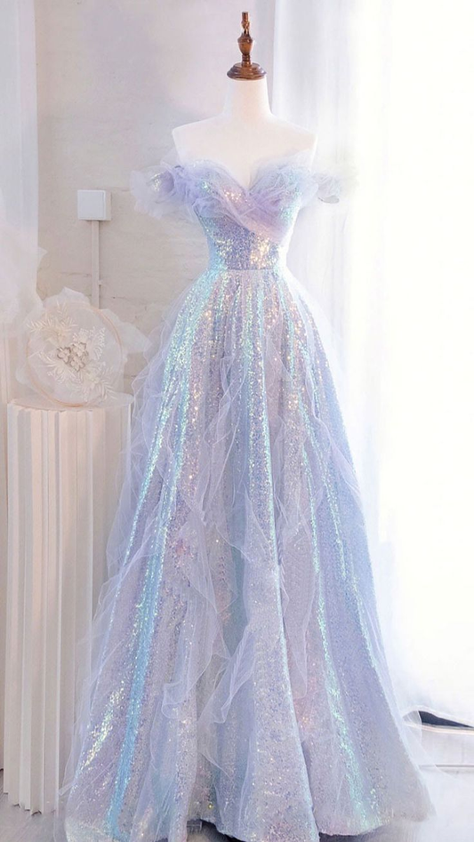 Purple Off Shoulder Sequin Tulle Long Prom Dress Purple Formal Evening Dresses Y4451