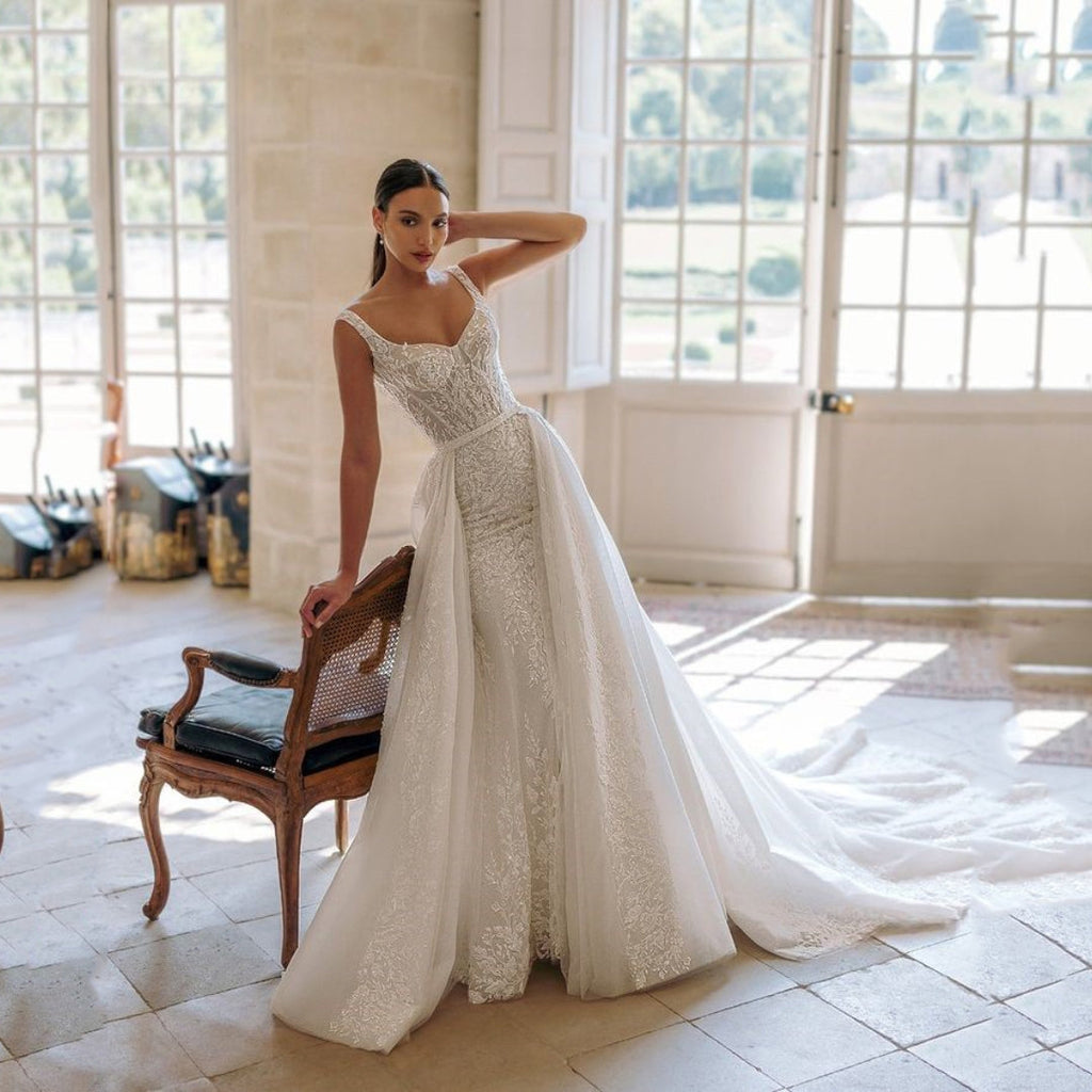 Exquisite Wedding Dress For Woman Square-Neck A-Line Lace Appliques Sequins Bride Gowns Tulle Sweep Train Vestido Custom-payinti