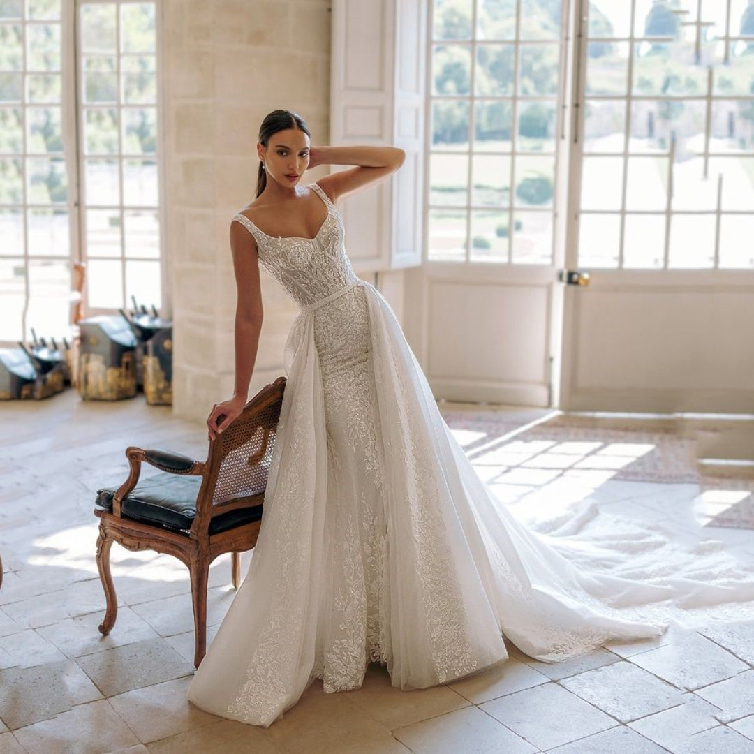 Exquisite Wedding Dress For Woman Square-Neck A-Line Lace Appliques Sequins Bride Gowns Tulle Sweep Train Vestido Custom-payinti