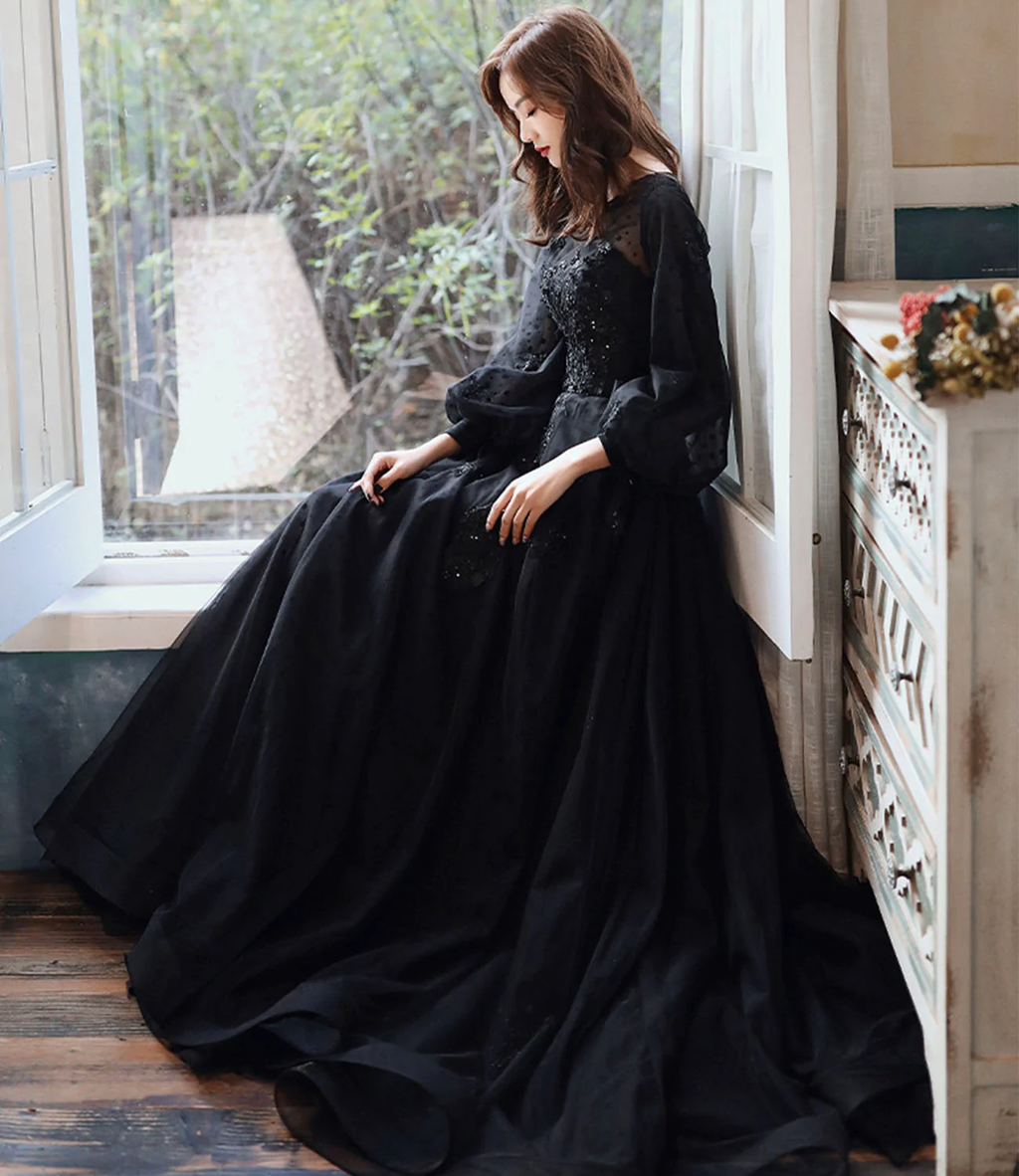 Schwarzes langes Ballkleid aus Spitze in A-Linie Y1294