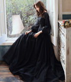 Schwarzes langes Ballkleid aus Spitze in A-Linie Y1294