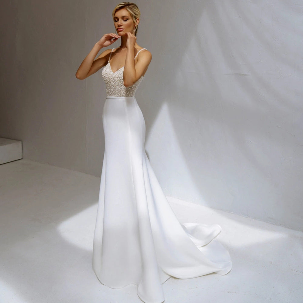 Shinning Sheath Pearl Wedding Dresses Spaghetti Strap Satiin Beads V-Neck For Women Robe De Mariée Formal Brides Gown-payinti