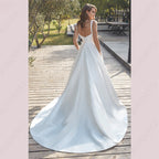 Civil V-Neck Wedding Dresses Square Collar Satin Bridal Gowns A-line Backless Buttons Bride Party Spaghetti Straps-payinti