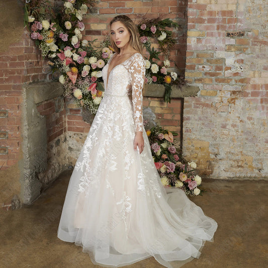Light Champagne Modern Wedding Dresses Backless Applique Bride Gowns A-Line Tulle V-Neck Long Sleeves vestido de noiva-payinti
