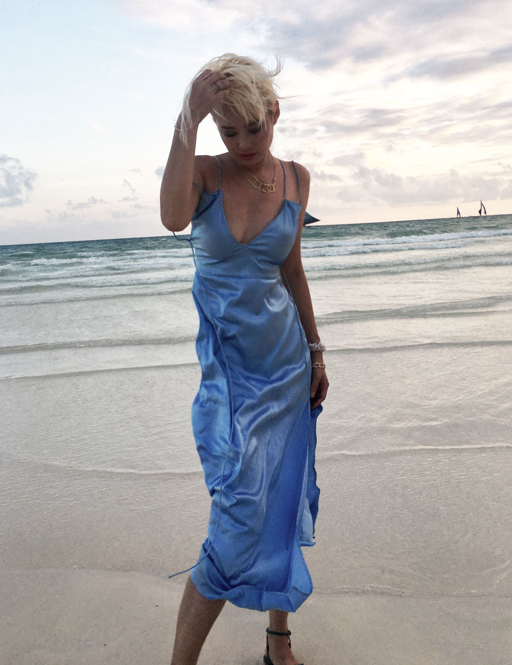Gabrille Serenity Blue Mulberry Backless Slip Dress