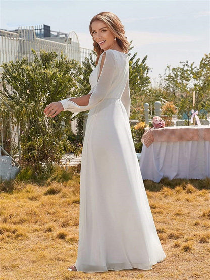 Classic Appliques 3D Flower Wedding Dress Simple Deep V-neck Long Sleeve Bridal Gown Beach Vestidos De Novia-payinti