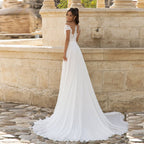 Chiffon Bohemian Bride Gowns A-Line Wedding Dresses Side Slit Lace Beach Long O-Neck Cap Sleeves Vestidos De Novia 2024-payinti