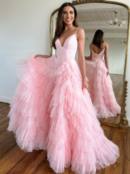 Alianna |A-Linien-Ballkleid aus Tüll mit Spaghettiträgern und Stufen 