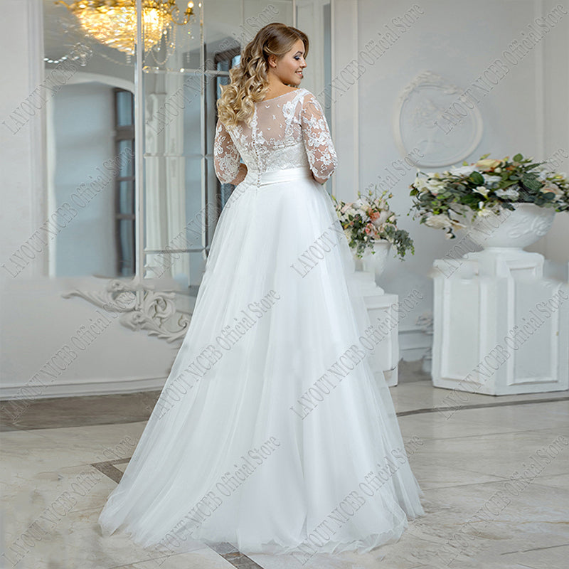 Vintage Beach Wedding Dress Plus Size Boho Lace Applique Three Quarter Sleeves Tulle Bride Gown A-Line Floor Length-payinti