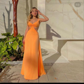Einfaches V-Ausschnitt Orange Langes Ballkleid Orange Abendkleid Y6255