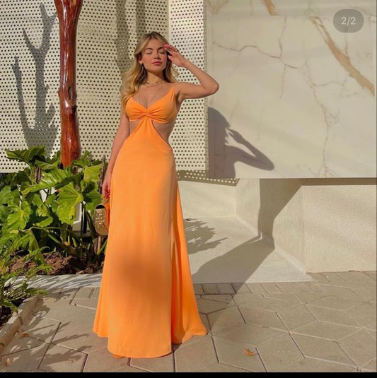Vestido de fiesta largo naranja con escote en V sencillo Vestido de noche naranja Y6255