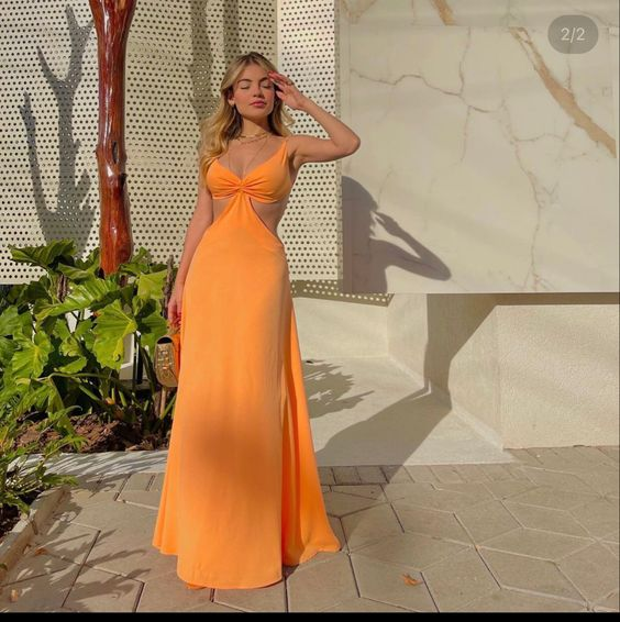 Vestido de fiesta largo naranja con escote en V sencillo Vestido de noche naranja Y6255