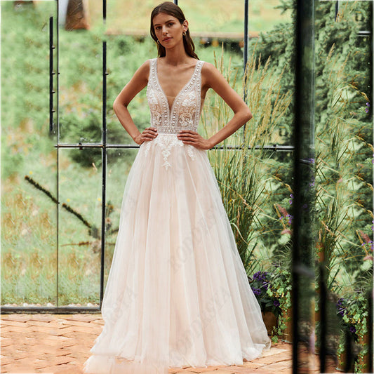 Vintage Spaghetti Straps Wedding Dresses Illusion V-Neck Backless Robe De Mariée Romantic Tulle A-line Bridal Gowns-payinti