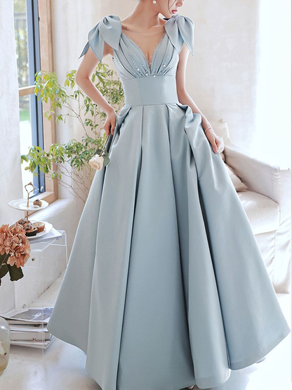 Vestido de fiesta largo de satén con escote en V azul Vestidos de noche de satén azul Y4780