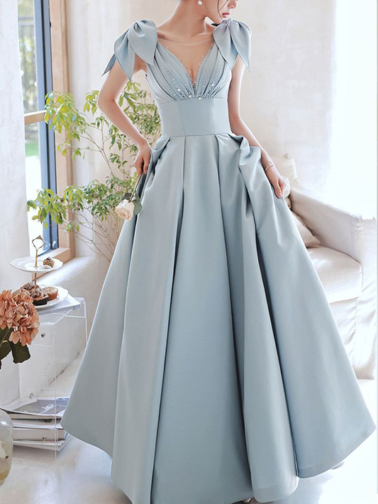Vestido de fiesta largo de satén con escote en V azul Vestidos de noche de satén azul Y4780