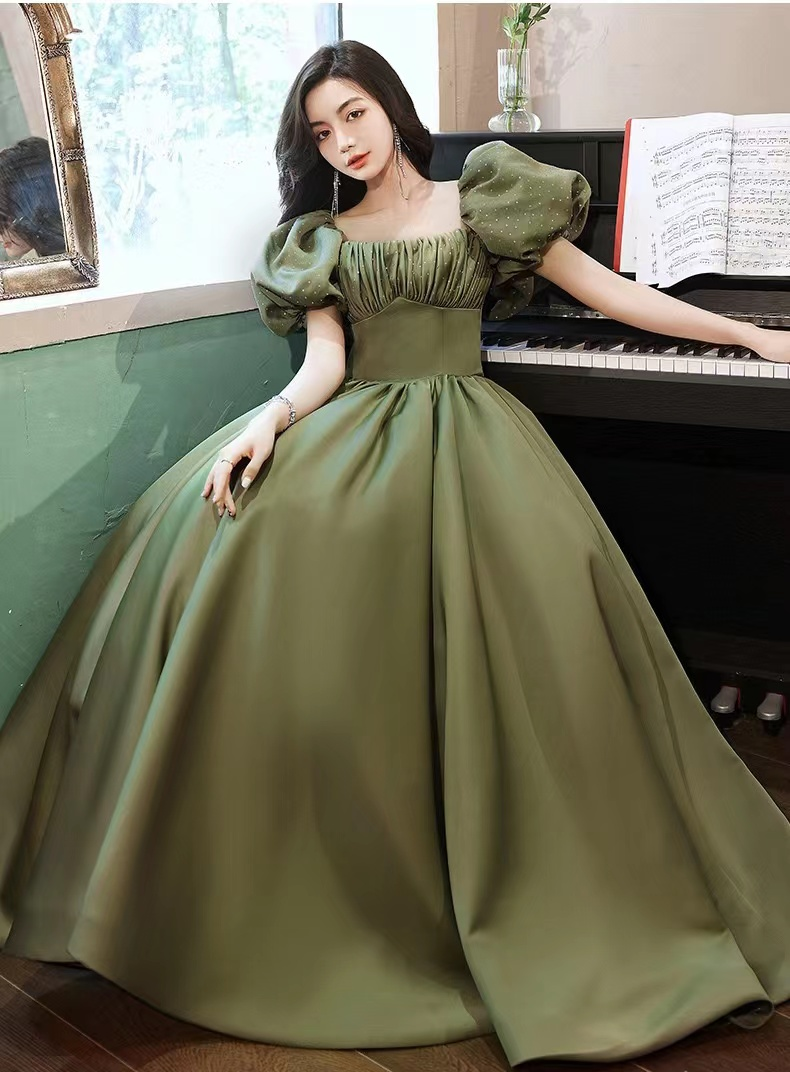 Vestido de noche verde con mangas largas tipo burbuja, estilo princesa, Y4315