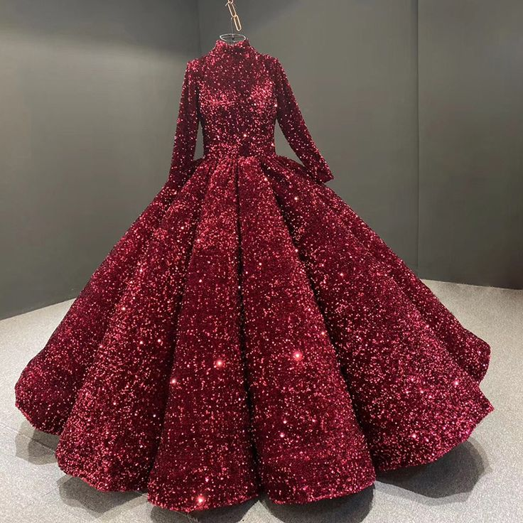 Burgunderrotes Ballkleid mit Pailletten und langen Ärmeln, Quinceanera-Kleider Y4442