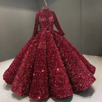 Burgunderrotes Ballkleid mit Pailletten und langen Ärmeln, Quinceanera-Kleider Y4442