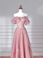 Süßes rosa Tüll Pailletten Perlen A-Linie Ballkleid Off The Shoulder Langes Abendkleid Y8643